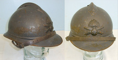 WW1 & WW2 French Artillery M15 Adrian Combat Helmet With \'RF\' (République Française) Infantry Helmet Badge & Liner. HE 840  Clothing