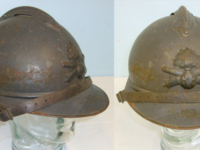 WW1 & WW2 French Artillery M15 Adrian Combat Helmet With \'RF\' (République Française) Infantry Helmet Badge & Liner. HE 840  Clothing