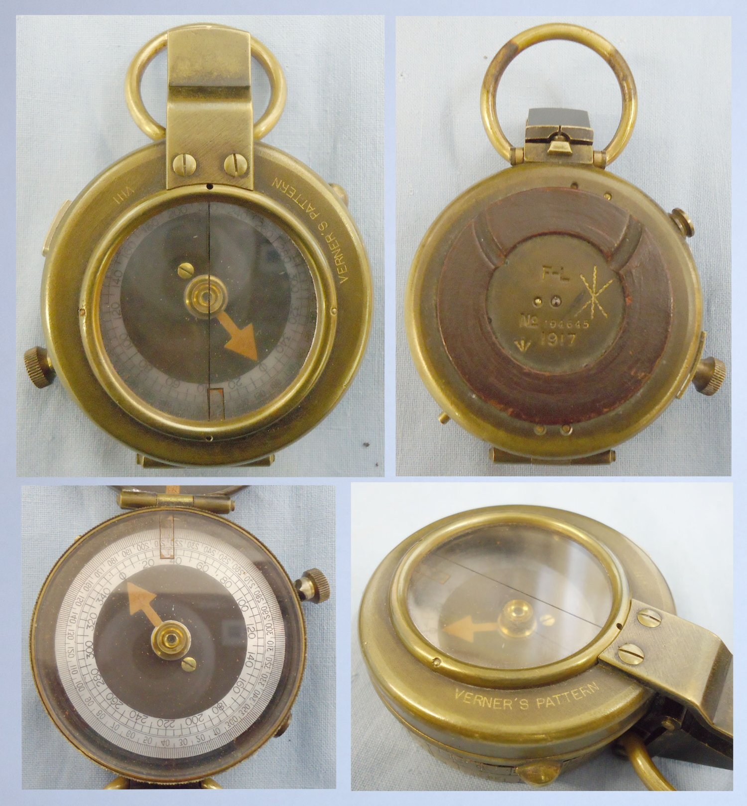 WWI 1917 British Officer\'s French Limited Mk VIII Verners Pattern Military Marching Compass and Leather 1918 Dated case by T.J. Dutfield Ltd . OPT 809. WWI 1917 British Officer's French Limited Mk VIII Verners Pattern Military Marching Compass and Leather 1918 Dated case by T.J. Dutfield Ltd . OPT 809.  Antique & Militaria