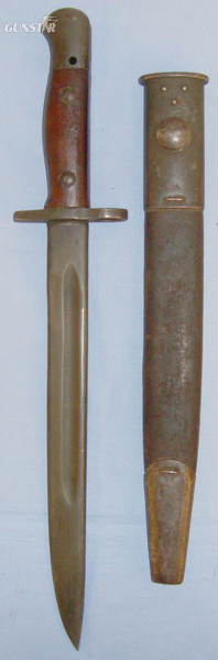 Australian Owen MK I Bayonet Made at Lithgow In 1952 With Wooden Grips Marked SLAZ 52 & Leather Scabbard. Sn 10880:20 Bayonet in 