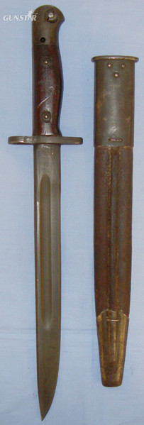  Australian Owen MK I Bayonet Made at Lithgow In 1952 With Wooden Grips Marked SLAZ 52 & Leather Scabbard. Sn 10880:20 Bayonet