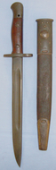 Australian Owen MK I Bayonet Made at Lithgow In 1952 With Wooden Grips Marked SLAZ 52 & Leather Scabbard. Sn 10880:20 Bayonet
