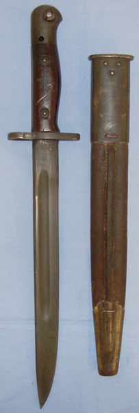  Australian Owen MK I Bayonet Made at Lithgow In 1952 With Wooden Grips Marked SLAZ 52 & Leather Scabbard. Sn 10880:20 Bayonet