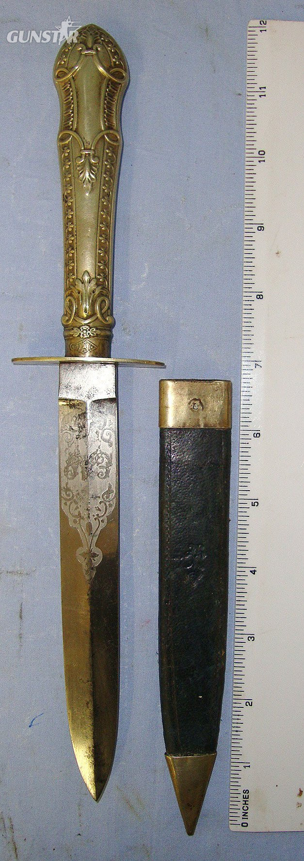 AMERICAN CIVIL WAR ERA**& JOHN WILKES BOOTH ASSASSINATION OF PRESIDENT LINCOLN CONNECTIONS**Manson Sheffield (Most Likely A U.S. Import Agent) German Silver Cutlery Hilt Spear Point Bowie Knife With Etched ‘EAG’ Monogram Panel Blade & Open Top Scabbar Knive in 