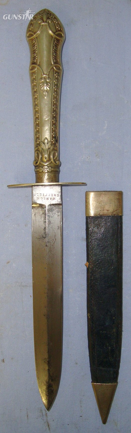  AMERICAN CIVIL WAR ERA**& JOHN WILKES BOOTH ASSASSINATION OF PRESIDENT LINCOLN CONNECTIONS**Manson Sheffield (Most Likely A U.S. Import Agent) German Silver Cutlery Hilt Spear Point Bowie Knife With Etched ‘EAG’ Monogram Panel Blade & Open Top Scabbar Knive