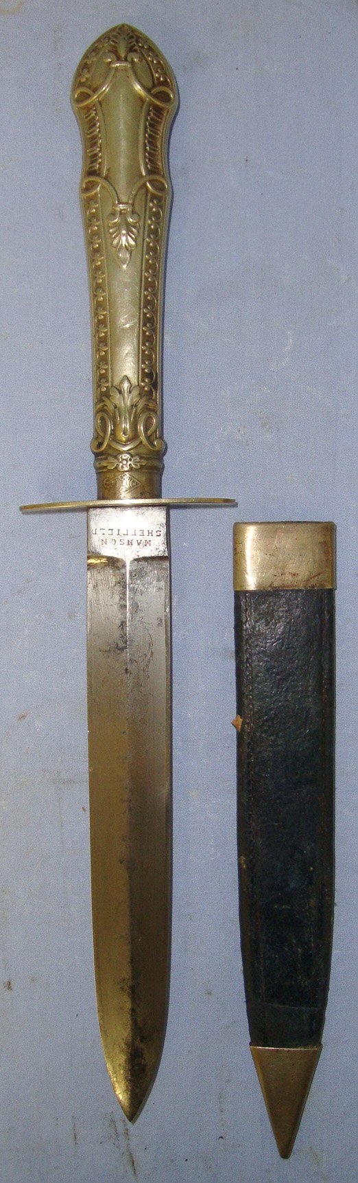  AMERICAN CIVIL WAR ERA**& JOHN WILKES BOOTH ASSASSINATION OF PRESIDENT LINCOLN CONNECTIONS**Manson Sheffield (Most Likely A U.S. Import Agent) German Silver Cutlery Hilt Spear Point Bowie Knife With Etched ‘EAG’ Monogram Panel Blade & Open Top Scabbar Knive