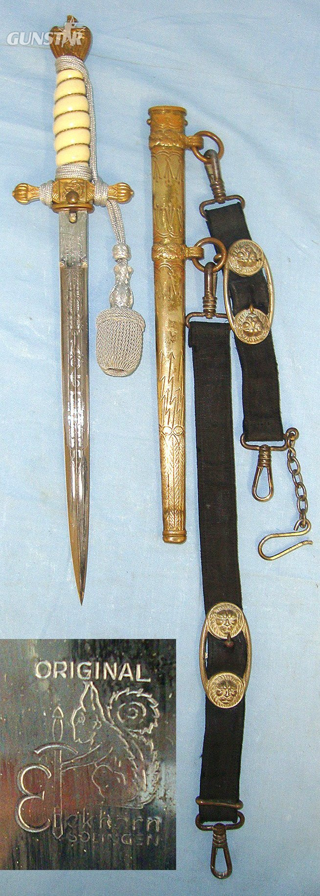 COMPLETE**ORIGINAL**WW2 Era Nazi German Eickhorn Solingen Kriegsmarine Officer’s Dagger With Etched & Blued Blade, Scabbard, Original Officer’s Bullion Cord, Portepee & Hanger Straps. Sn 23401 Dagger in 