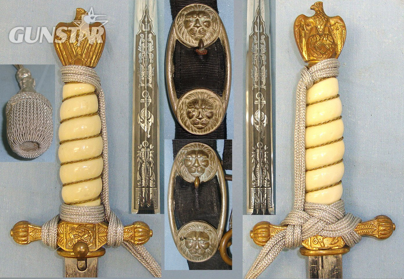 COMPLETE**ORIGINAL**WW2 Era Nazi German Eickhorn Solingen Kriegsmarine Officer’s Dagger With Etched & Blued Blade, Scabbard, Original Officer’s Bullion Cord, Portepee & Hanger Straps. Sn 23401 Dagger