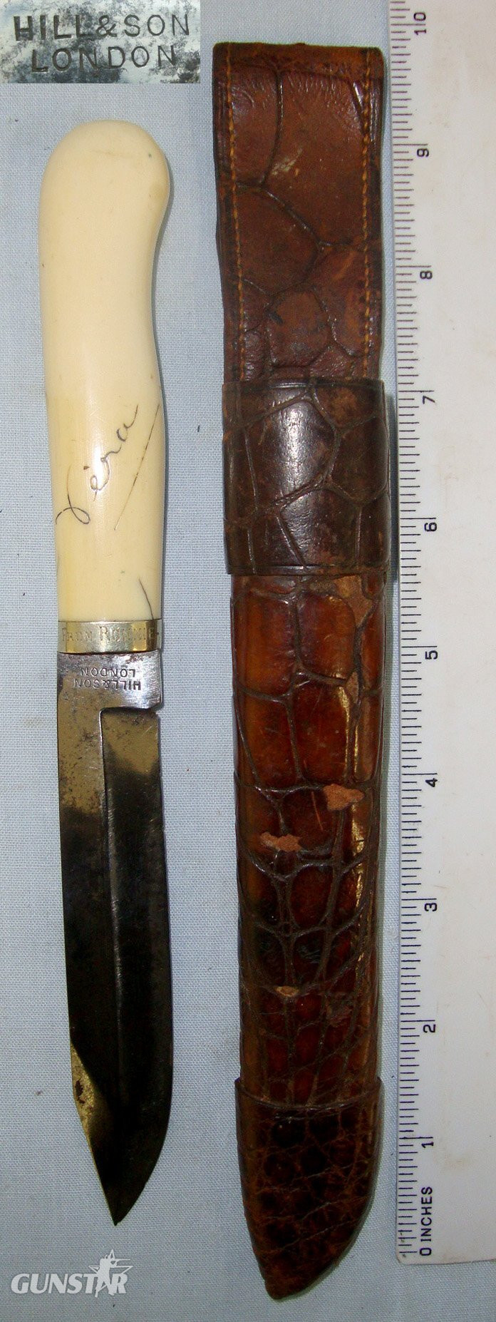 UNUSUAL**Late Victorian Era ‘Ladies’ Hill & Son London Bowie Knife With Antique Marine Ivory Hilt Scrimshaw Signed ‘Vera’, German Silver Ferrule Engraved ‘From Ronnie’ & Original Open Top Crocodile Skin Scabbard With ‘Hill & Son Haymarket’ Knive in 