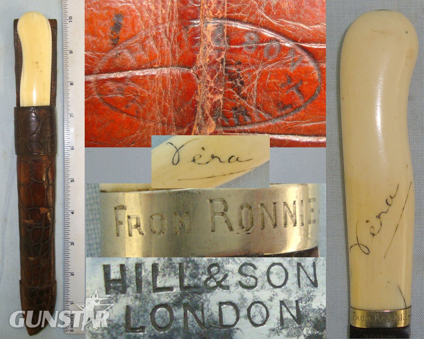 UNUSUAL**Late Victorian Era ‘Ladies’ Hill & Son London Bowie Knife With Antique Marine Ivory Hilt Scrimshaw Signed ‘Vera’, German Silver Ferrule Engraved ‘From Ronnie’ & Original Open Top Crocodile Skin Scabbard With ‘Hill & Son Haymarket’ Knive