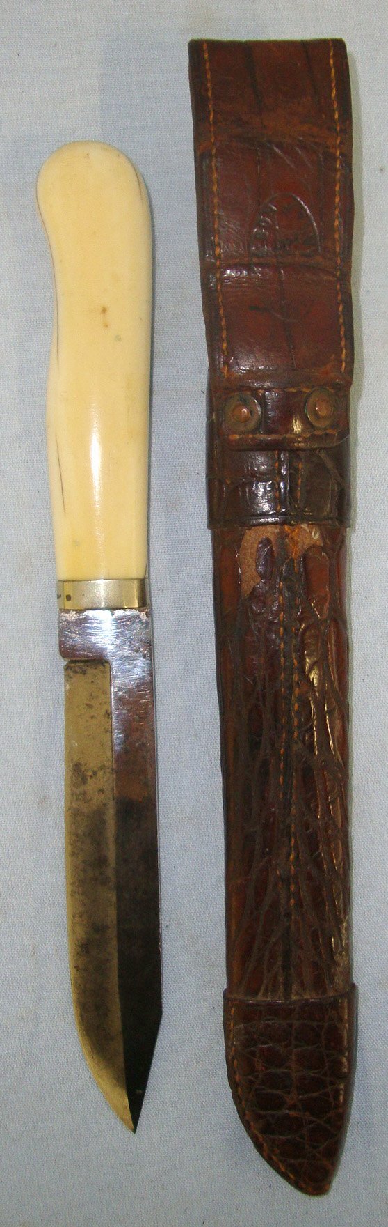  UNUSUAL**Late Victorian Era ‘Ladies’ Hill & Son London Bowie Knife With Antique Marine Ivory Hilt Scrimshaw Signed ‘Vera’, German Silver Ferrule Engraved ‘From Ronnie’ & Original Open Top Crocodile Skin Scabbard With ‘Hill & Son Haymarket’ Knive