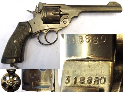 WW1, 1917 Dated, British WD Officer's Webley MK VI .455 Calibre Service Revolver With 6 Inert Deactivated Rounds of .455 Ammunition. ** Earliest Deactivation** 1990, Clear Over bored Barrel, accepts Inert Rounds. Sn 23478:70 WW1, 1917 Dated, British WD Officer's Webley MK VI .455 Calibre Service Revolver With 6 Inert Deactivated Rounds of .455 Ammunition. ** Earliest Deactivation** 1990, Clear Over bored Barrel, accepts Inert Rounds. Sn 23478:70 Various Revolver