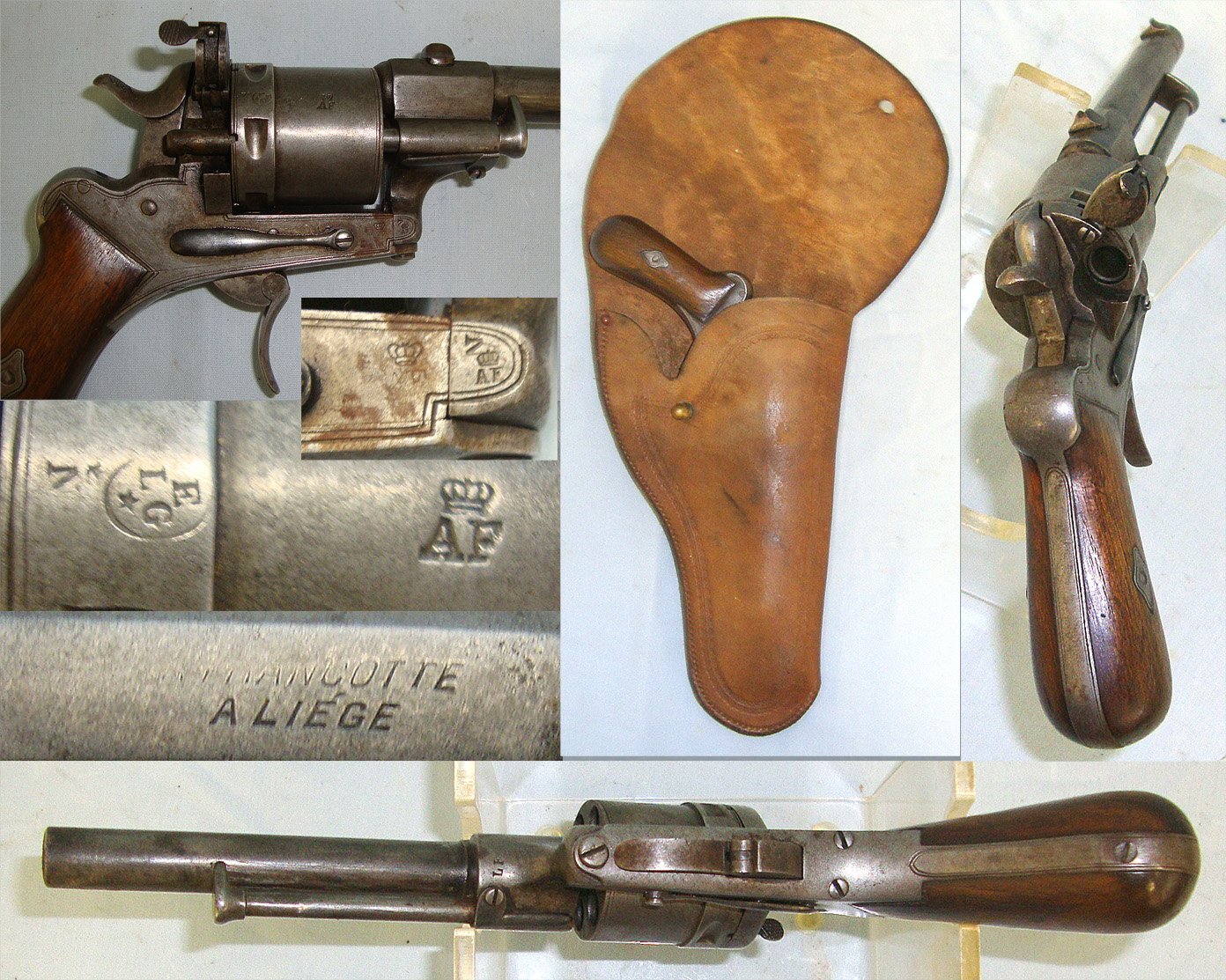 C1870’s Auguste Francotte (AF) Liege Belgium 6 Shot .32 Rim Fire Obsolete Calibre Double Action Revolver & Period Leather Holster. Sn 23655 Rim Fire Revolver .32 Revolver