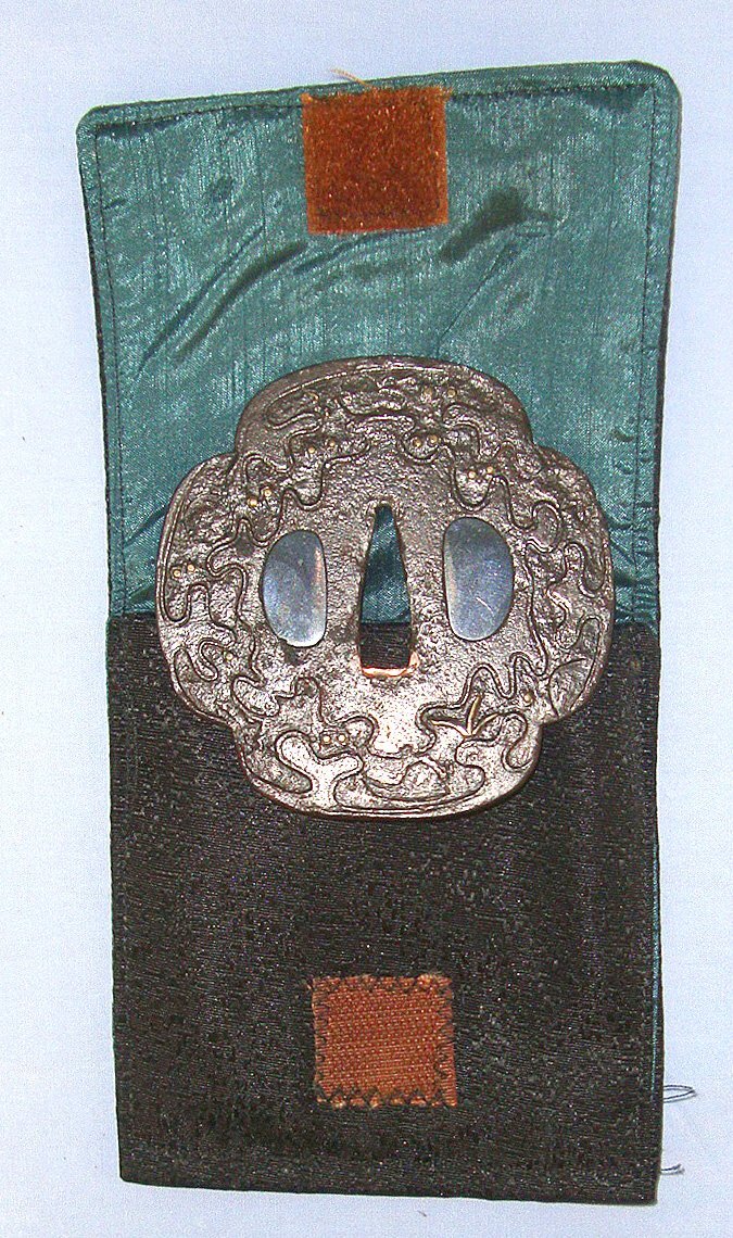  FROM THE PERSONAL COLLECTION OF UK JAPANESE SWORD EXPERT BILL TAGG**C1550’s - 1600 Japanese Late Muromachi Period Large Mokko Shaped Iron Tsuba For Handachi Mounted Swords With Silk Lined Pouch. ED 3055 Sword