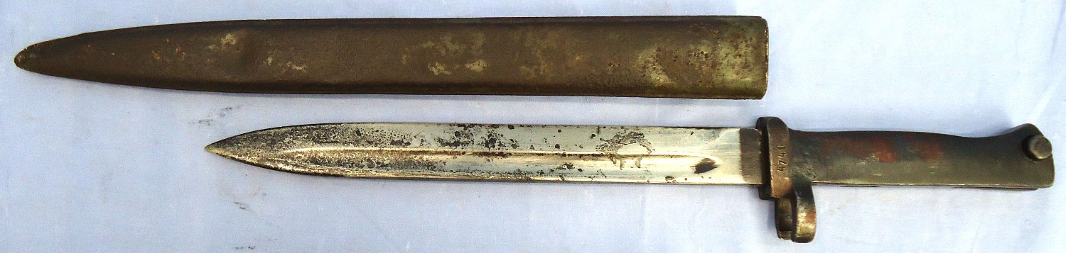 {CATEGORY} - WW1, Imperial German, Gew88 & Gew98 Ersatz Pattern Bayonet with High Ears & a Steel Scabbard. Sn 23478:6 Bayonet