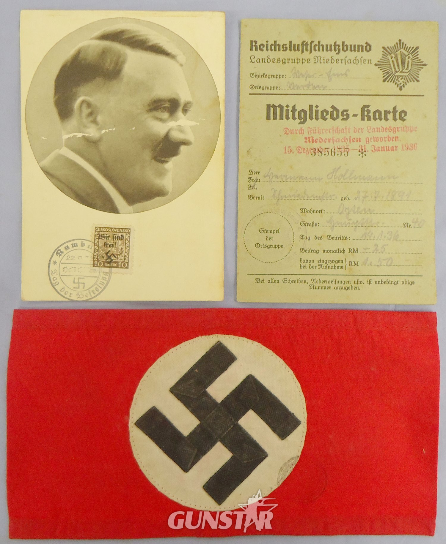 Original WWII Nazi Reichsluftschutzbund (RLB) Membership Card and NSDAP Armband with RZM Stamp and Original Stamped Hiltler Postcard. N 151. Original WWII Nazi Reichsluftschutzbund (RLB) Membership Card and NSDAP Armband with RZM Stamp and Original Stamped Hiltler Postcard. N 151.  Antique & Militaria in 