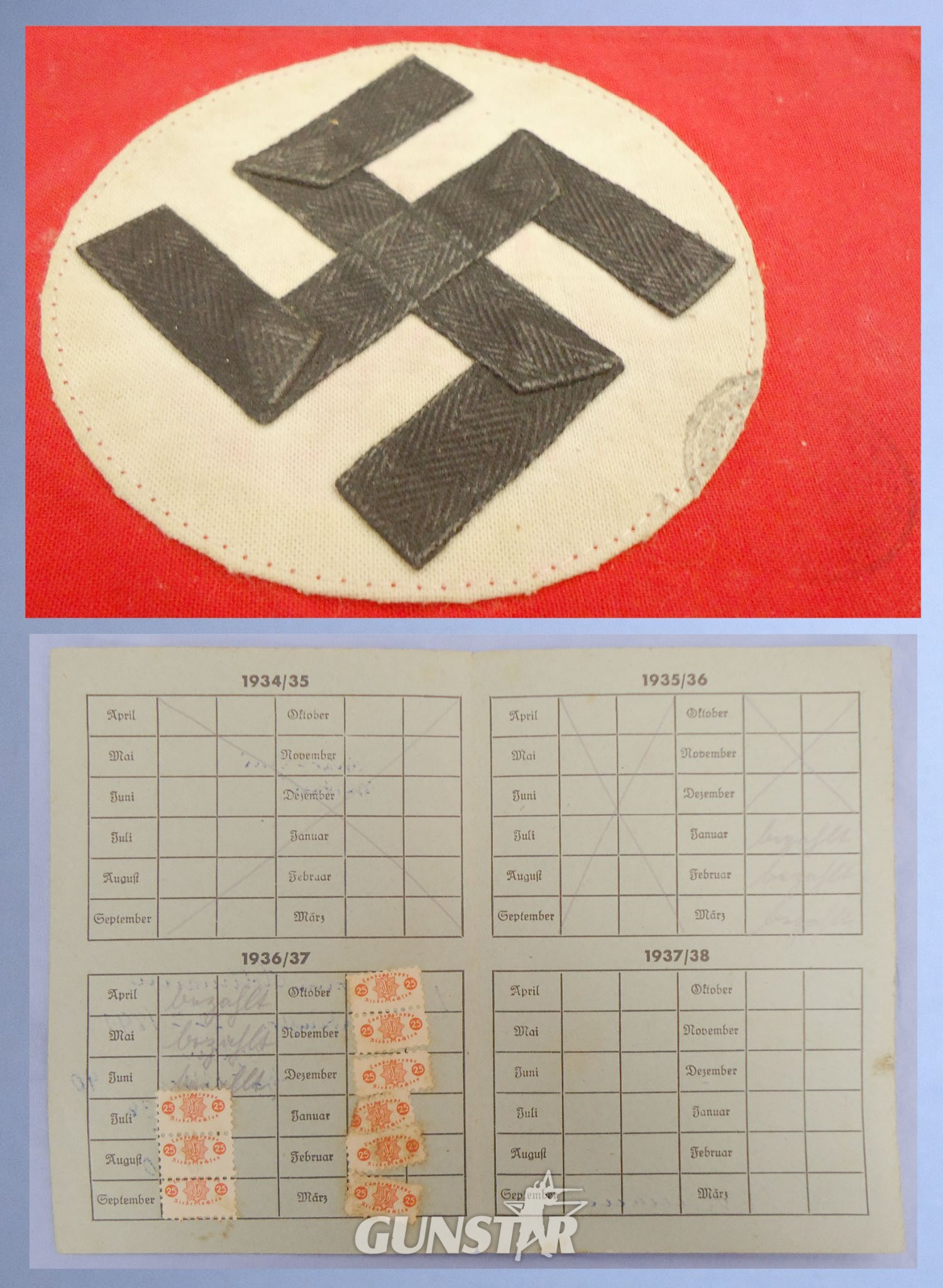 Original WWII Nazi Reichsluftschutzbund (RLB) Membership Card and NSDAP Armband with RZM Stamp and Original Stamped Hiltler Postcard. N 151. Original WWII Nazi Reichsluftschutzbund (RLB) Membership Card and NSDAP Armband with RZM Stamp and Original Stamped Hiltler Postcard. N 151.  Antique & Militaria