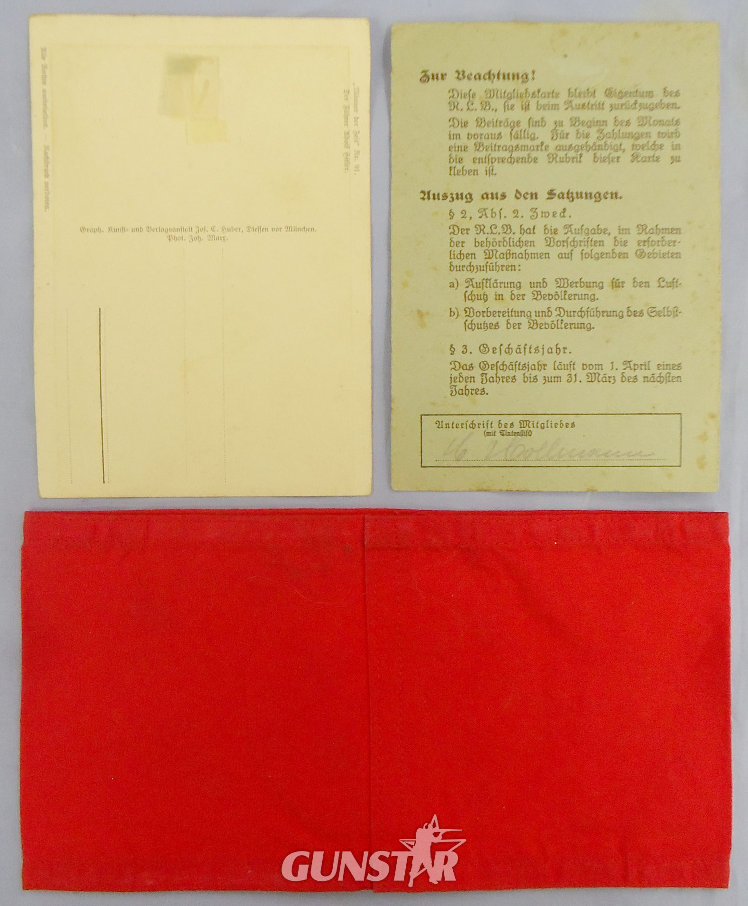  Original WWII Nazi Reichsluftschutzbund (RLB) Membership Card and NSDAP Armband with RZM Stamp and Original Stamped Hiltler Postcard. N 151. Original WWII Nazi Reichsluftschutzbund (RLB) Membership Card and NSDAP Armband with RZM Stamp and Original Stamped Hiltler Postcard. N 151.  Antique & Militaria