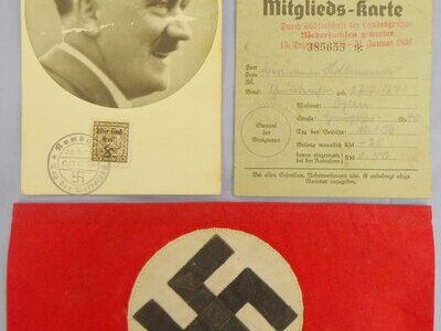 Original WWII Nazi Reichsluftschutzbund (RLB) Membership Card and NSDAP Armband with RZM Stamp and Original Stamped Hiltler Postcard. N 151. Original WWII Nazi Reichsluftschutzbund (RLB) Membership Card and NSDAP Armband with RZM Stamp and Original Stamped Hiltler Postcard. N 151.  Antique & Militaria