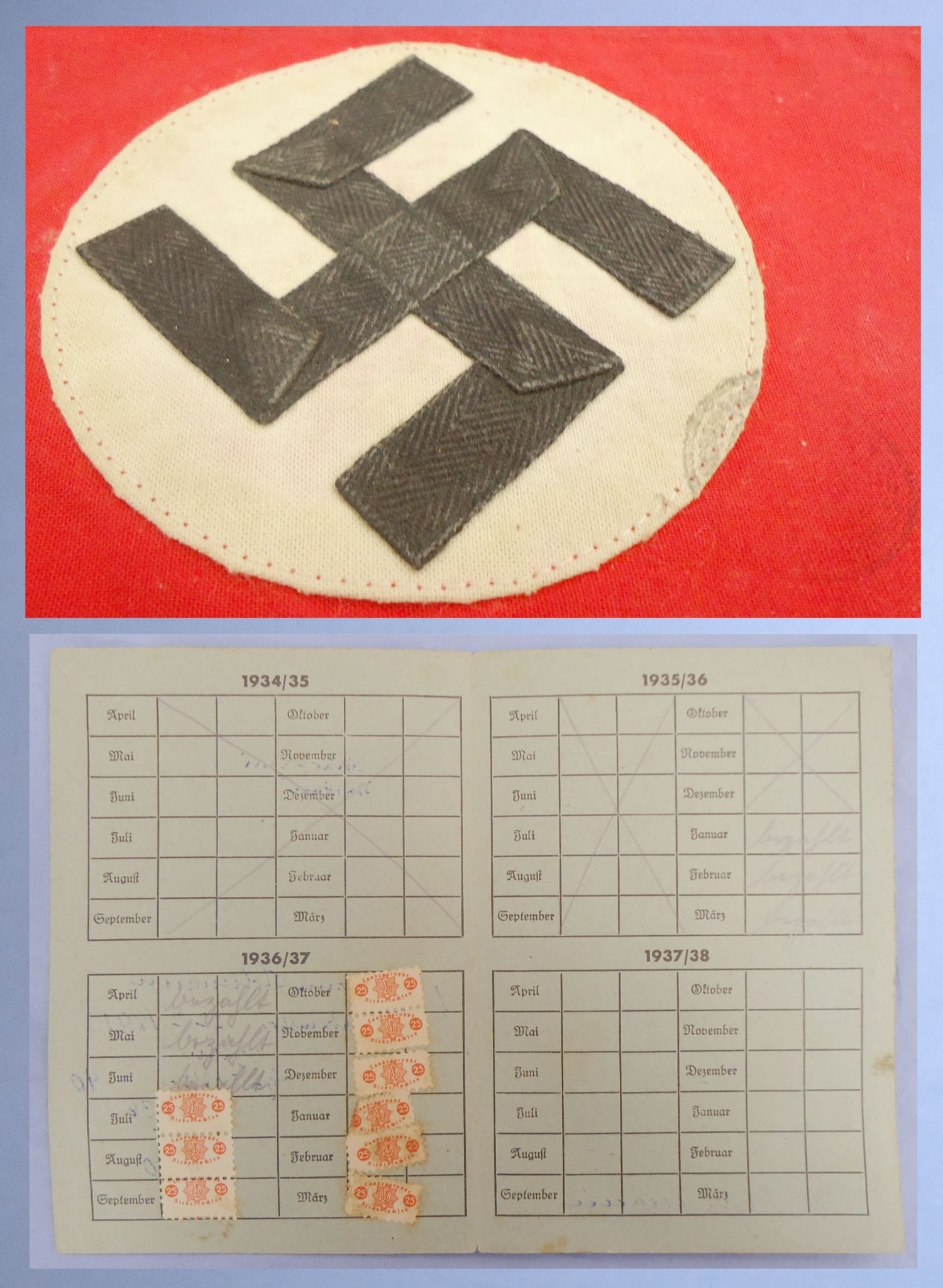 Original WWII Nazi Reichsluftschutzbund (RLB) Membership Card and NSDAP Armband with RZM Stamp and Original Stamped Hiltler Postcard. N 151. Original WWII Nazi Reichsluftschutzbund (RLB) Membership Card and NSDAP Armband with RZM Stamp and Original Stamped Hiltler Postcard. N 151.  Antique & Militaria
