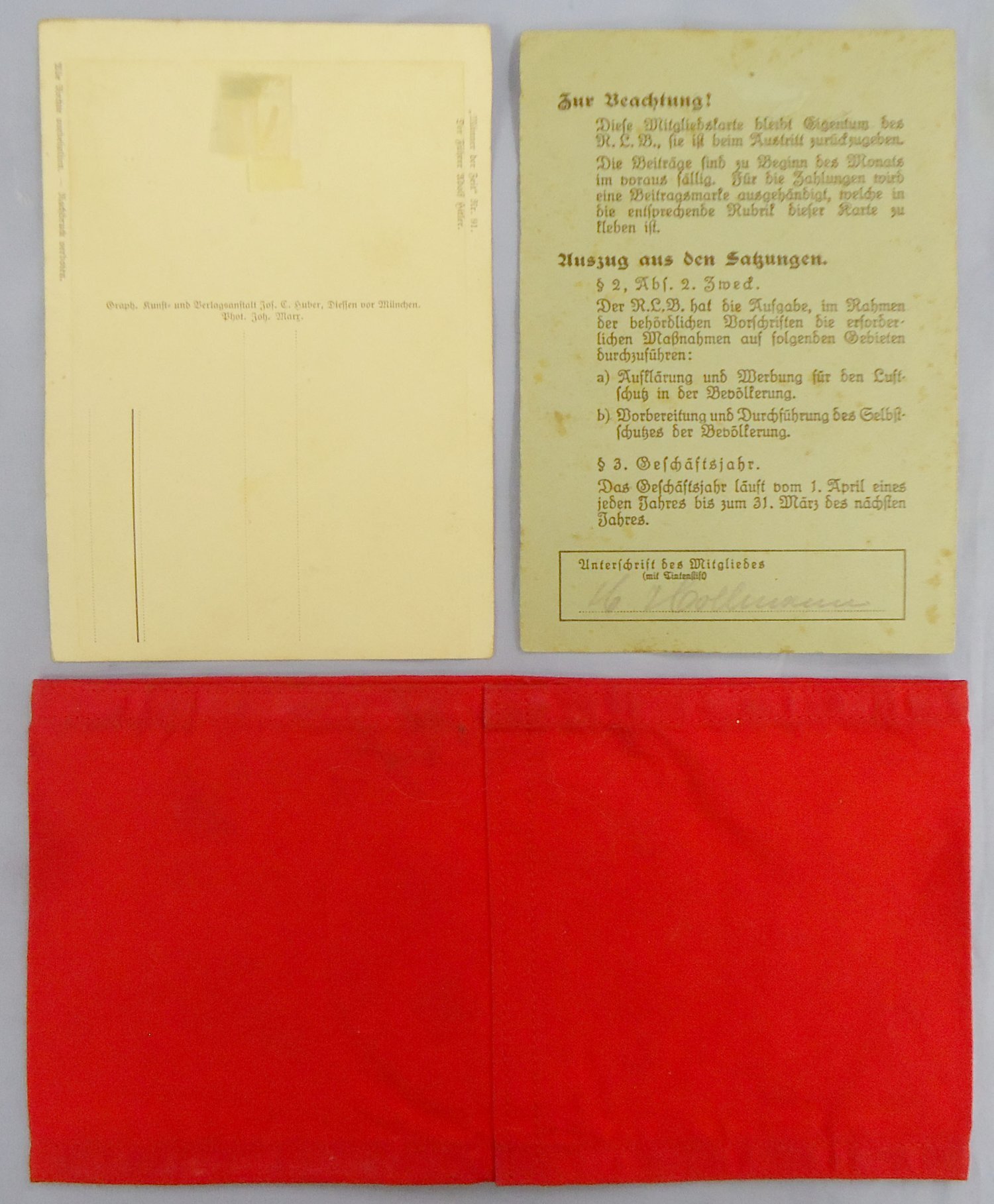  Original WWII Nazi Reichsluftschutzbund (RLB) Membership Card and NSDAP Armband with RZM Stamp and Original Stamped Hiltler Postcard. N 151. Original WWII Nazi Reichsluftschutzbund (RLB) Membership Card and NSDAP Armband with RZM Stamp and Original Stamped Hiltler Postcard. N 151.  Antique & Militaria