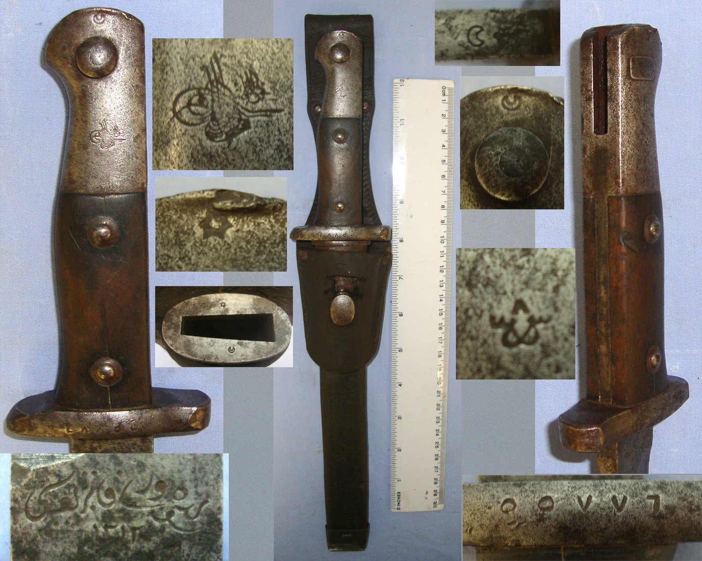 WW1 BRING BACK**Improvised Turkish Trench Fighting Dagger & Scabbard Made From A Cut Down Turkish Model 1890 Mauser Rifle Bayonet & Scabbard. Sn 22961 Dagger