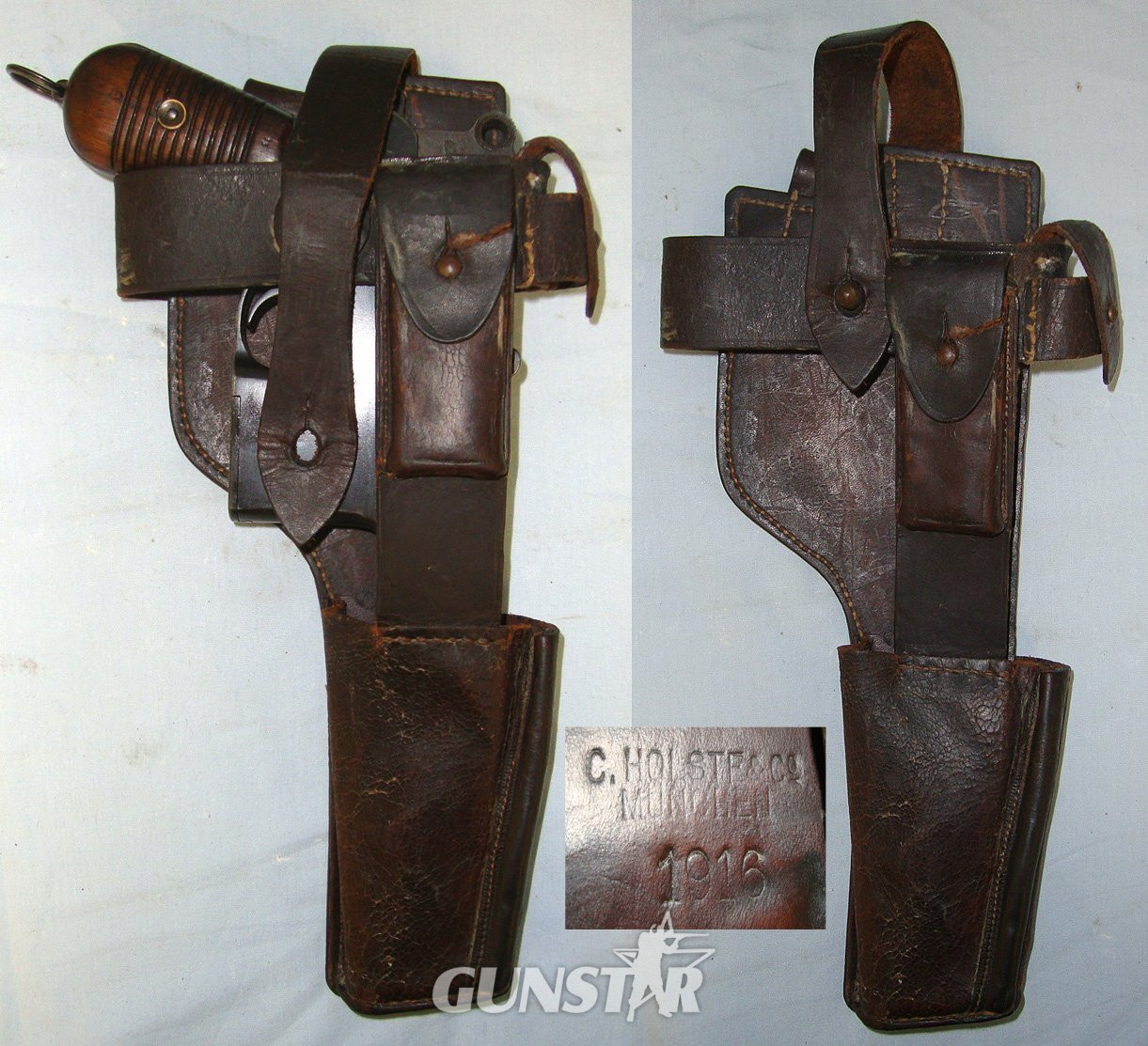 RARE**WW1 1916 German Holste & Co Munchen  Leather Holster Rig For 7.63mm Calibre C96 & Model 712, Schnellfeuer ( Rapid Fire) 'Broom Handle' Mauser Pistols & Period Spanish Astra & Chinese Variants. Sn 23671 Care & Storage