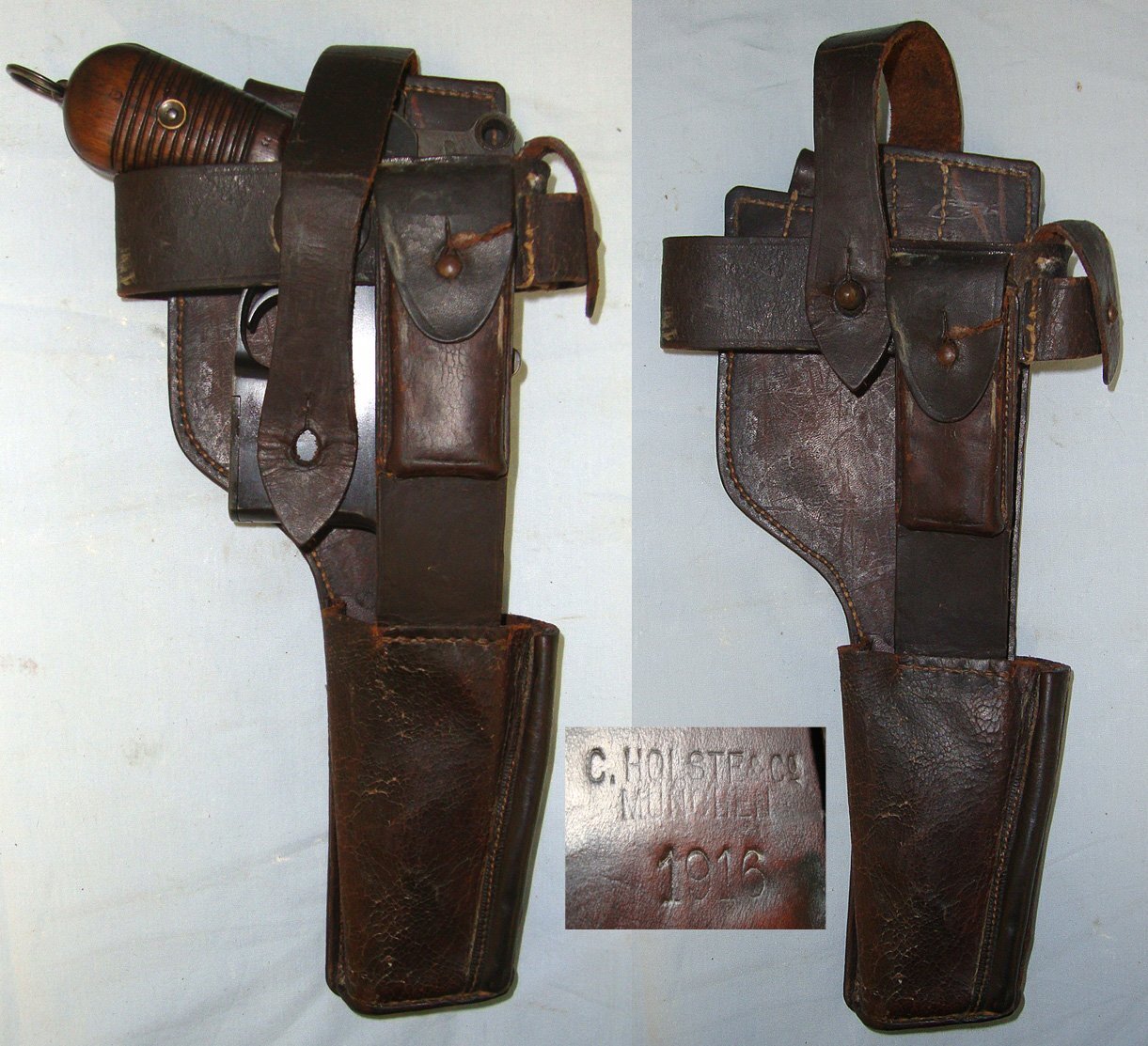 RARE**WW1 1916 German Holste & Co Munchen  Leather Holster Rig For 7.63mm Calibre C96 & Model 712, Schnellfeuer ( Rapid Fire) 'Broom Handle' Mauser Pistols & Period Spanish Astra & Chinese Variants. Sn 23671 Care & Storage