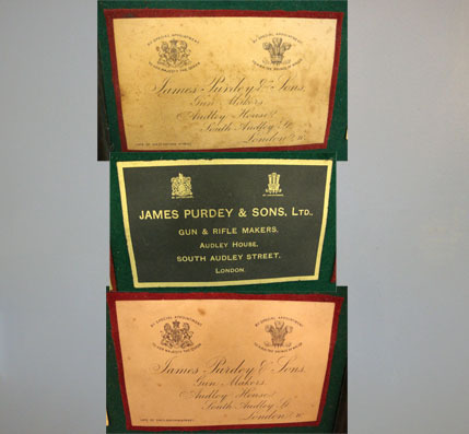 James Purdey Framed Display Board With Original Victorian Trade Labels Of The Prestigious Gun Single Barrel