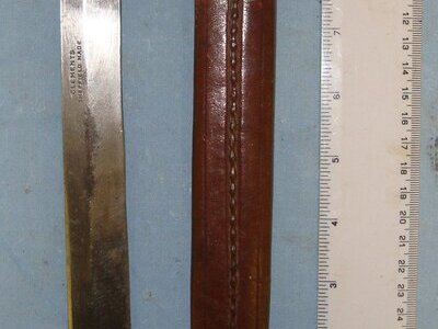 Boer War Era British Officer’s Private Purchase Clements Sheffield Made Bowie Fighting Knife With Field Re-Shaped Spear Point Blade & Leather Scabbard. Sn 22370 Knive