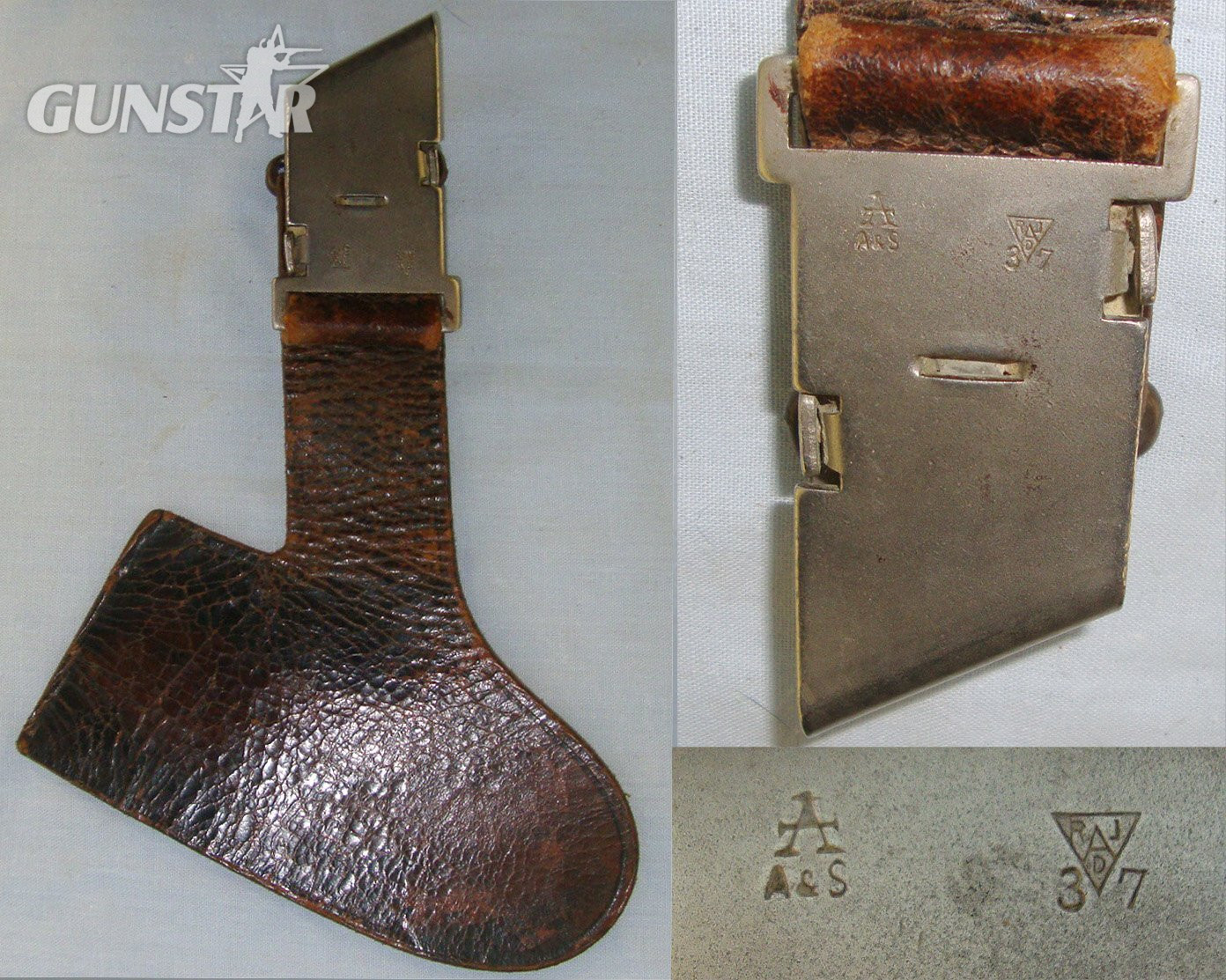 RARE**ORIGINAL**1937 Dated Reichsarbeitsdienst (RAD, "Reich Labour Service") Hewer Side Arm 2nd Type Leather & Nickel Plated Steel Belt Hanger By A&S (Adrian & Stock Solingen). Sn 23248:1 Dagger in 