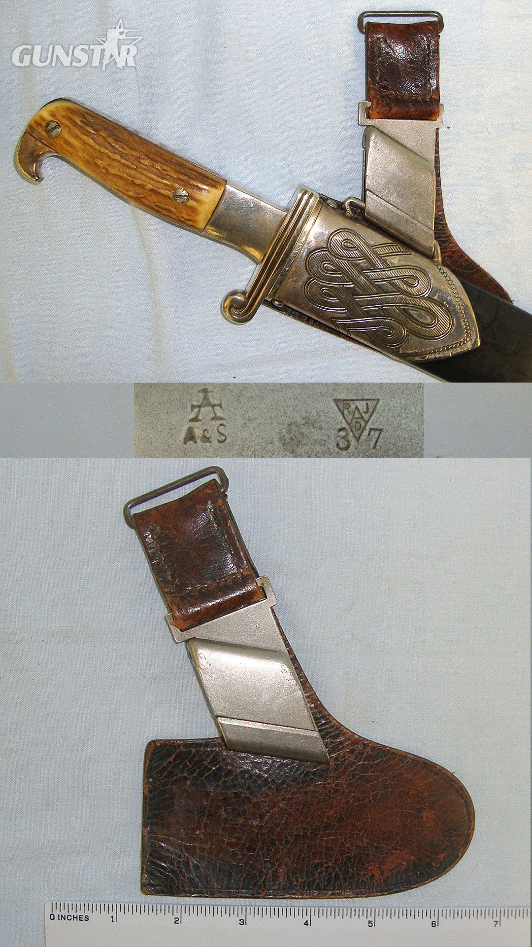 RARE**ORIGINAL**1937 Dated Reichsarbeitsdienst (RAD, "Reich Labour Service") Hewer Side Arm 2nd Type Leather & Nickel Plated Steel Belt Hanger By A&S (Adrian & Stock Solingen). Sn 23248:1 Dagger