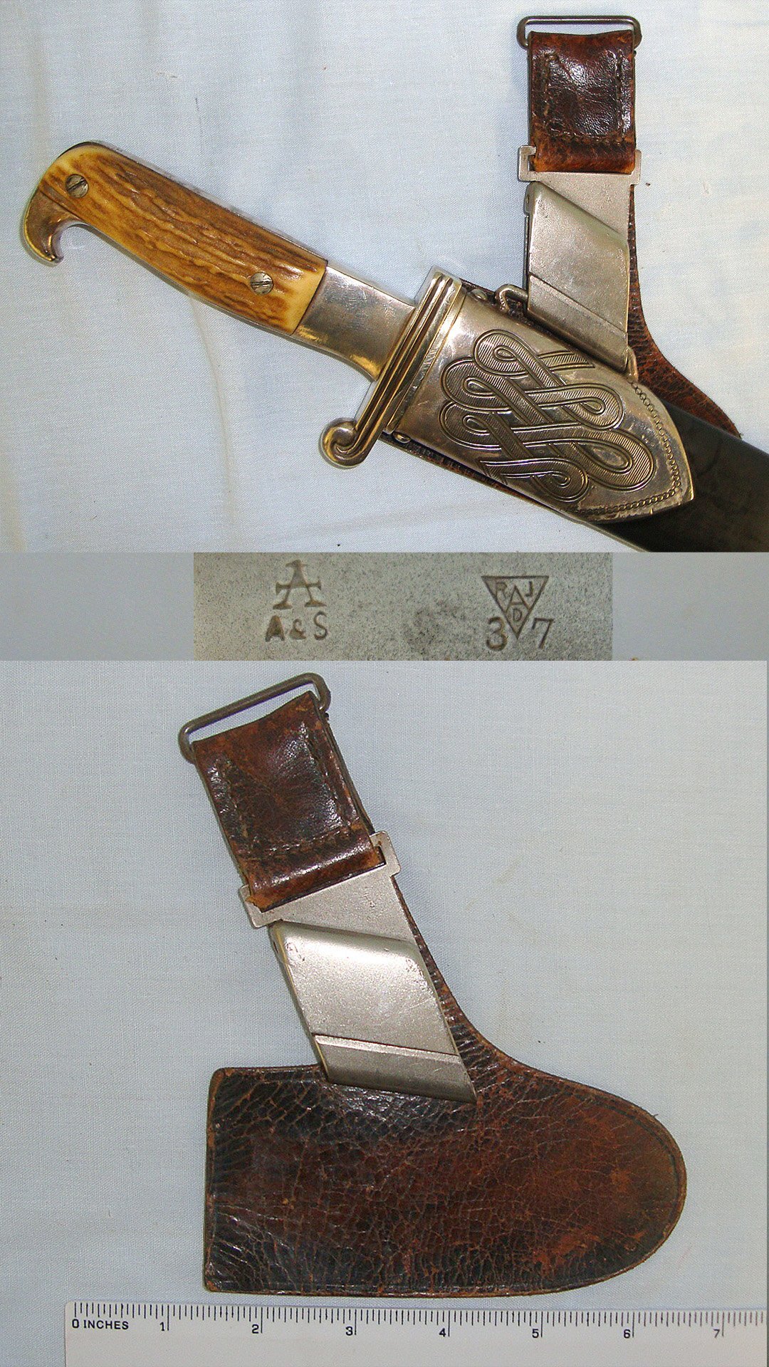 RARE**ORIGINAL**1937 Dated Reichsarbeitsdienst (RAD, "Reich Labour Service") Hewer Side Arm 2nd Type Leather & Nickel Plated Steel Belt Hanger By A&S (Adrian & Stock Solingen). Sn 23248:1 Dagger