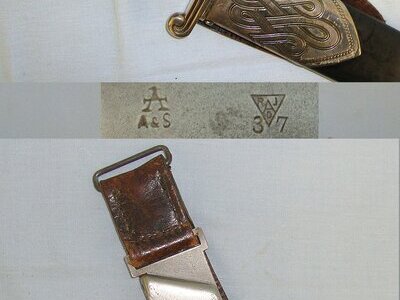 RARE**ORIGINAL**1937 Dated Reichsarbeitsdienst (RAD, "Reich Labour Service") Hewer Side Arm 2nd Type Leather & Nickel Plated Steel Belt Hanger By A&S (Adrian & Stock Solingen). Sn 23248:1 Dagger
