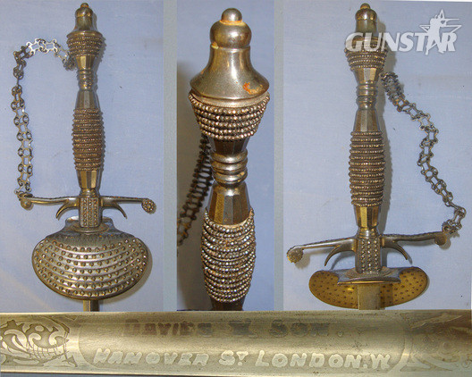 C1805 British Georgian Era Davies & Son Hanover London Court Small Sword With Ornate Clam Shell Hilt, Guard Chain & Scabbard. Sn 21064 Sword