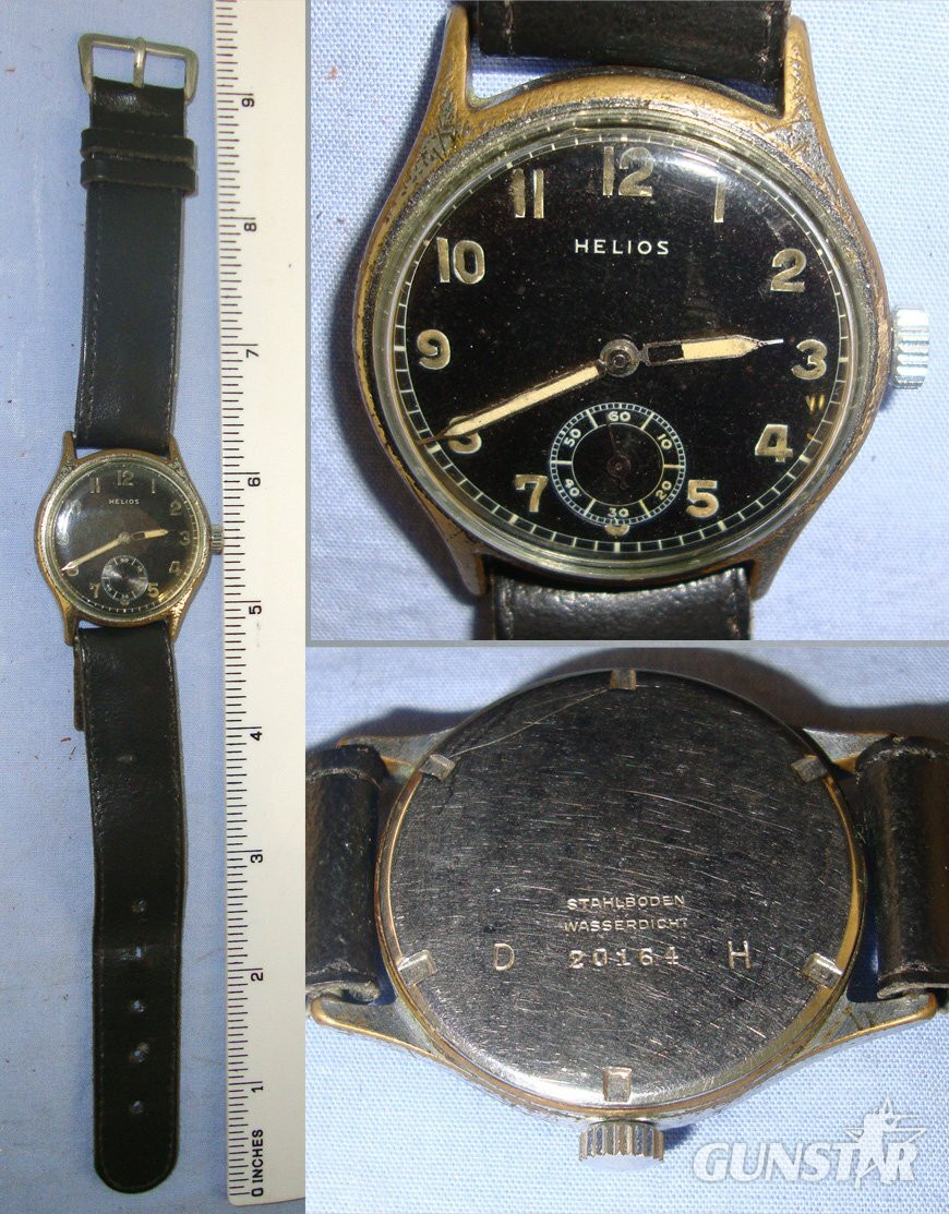 WW2 C1942-1944 German Army / Heer ‘DH’ Swiss Helios Shock Resistant, Nickel Plated Brass Cased Wristwatch With Stainless Steel Back Case & Original Leather Wrist Strap. MISC 855  Antique & Militaria