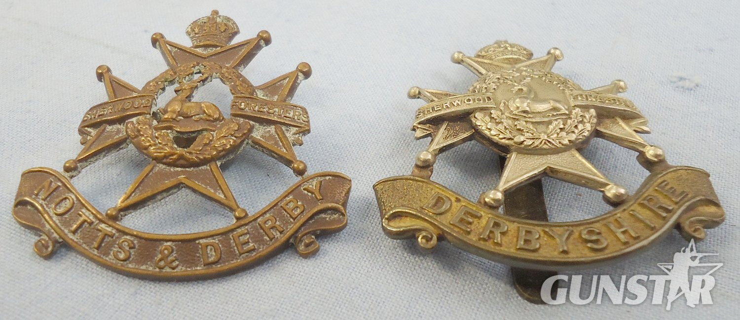 Pair* Derbyshire Regiment (Sherwood Foresters) & Notts & Derby Cap Badges. BA 895. Pair* Derbyshire Regiment (Sherwood Foresters) & Notts & Derby Cap Badges. BA 895.  Antique & Militaria