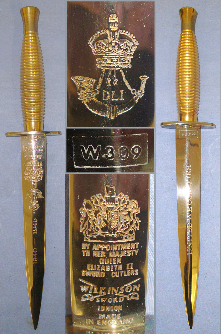 MINT**Cased, Limited Edition Blade 406 Of 500, WW2 Commemorative Wilkinson Sword Fairbairn Sykes 3rd Pattern FS Fighting Knife \'United We Conquer 1940-1945\' With Etched Blade & Factory Commissioned Durham Light Infantry Regiment Badge. Sn 21321 Knive