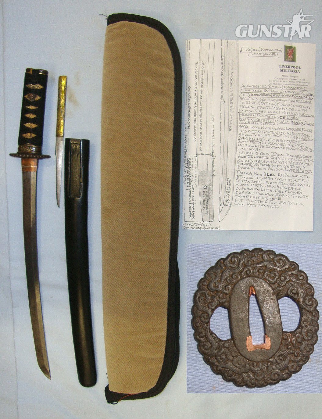 ANCIENT 1700 - 1750’s BLADE**Japanese Yamato Influence Ko (Small) Wakizashi Short Sword, Iron Tsuba, Signed ‘MASA TSUGU’, Ko-Gatana Side Knife, Scabbard Padded Carry Bag & Expert Assessment. Sn 23030 Sword in 