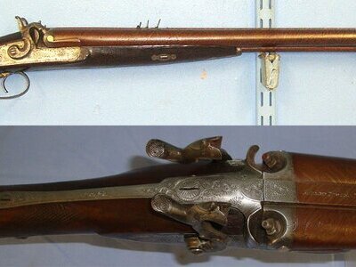 QUALITY**C1870 Robert Hughes Universal Firearms Works Birmingham Side By Side Double Damascus Barrelled Muzzle Loading Percussion Rifle/ Shotgun Combination Big Game Gun (14 Smooth Bore/ .577 Calibre Rifled Bore), Irish Reg Mark ‘F173U’ (Fermanagh). S Rifle Shotgun Combination Muzzleloader Various Rifle