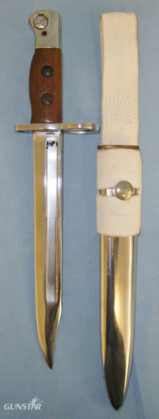 Factory Nickel Plated, 1946 British WD Poole No.5 Jungle Carbine Dress Bayonet & Scabbard With Webbing Frog. BAYO 263. Bayonet in 