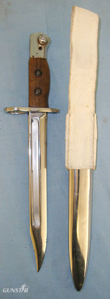  Factory Nickel Plated, 1946 British WD Poole No.5 Jungle Carbine Dress Bayonet & Scabbard With Webbing Frog. BAYO 263. Bayonet