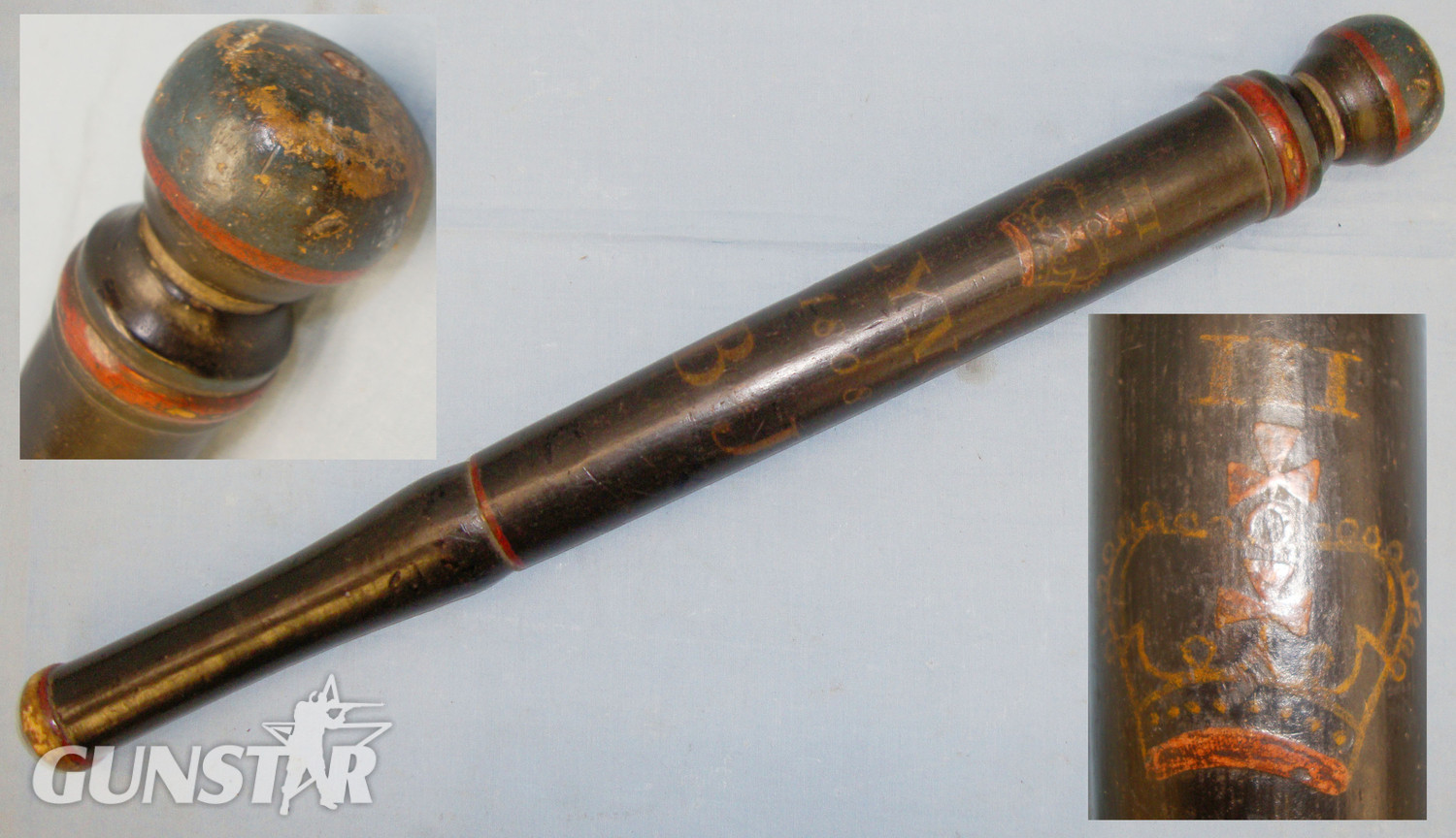 Georgian LYNG (Norfolk) Wood Baluster Tipstaff Truncheon with Hand Painted Decoration Crown G III R Royal Cypher. 20610. Georgian LYNG (Norfolk) Wood Baluster Tipstaff Truncheon with Hand Painted Decoration Crown G III R Royal Cypher. 20610. Antique & Militaria in 