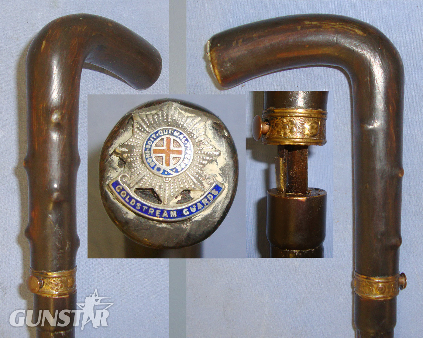 Victorian / Edwardian Era Briar Sword Stick With Flat Diamond Form Blade Mounted With Coldstream Guards Regiment Badge. Sn 21302  Sword