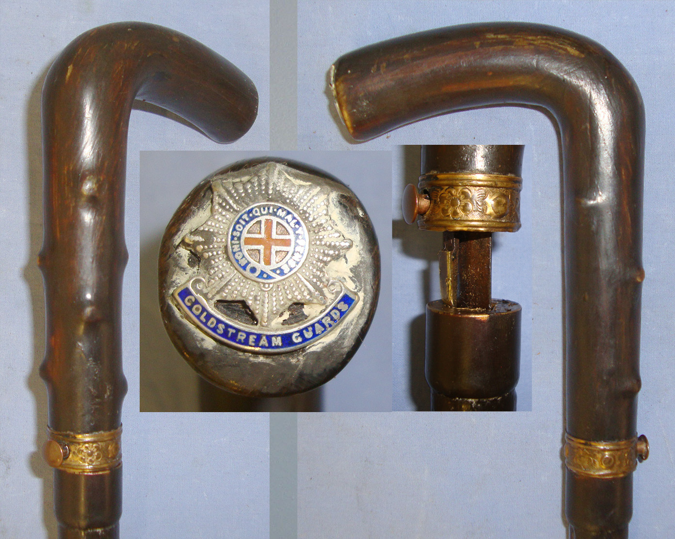 Victorian / Edwardian Era Briar Sword Stick With Flat Diamond Form Blade Mounted With Coldstream Guards Regiment Badge. Sn 21302  Sword