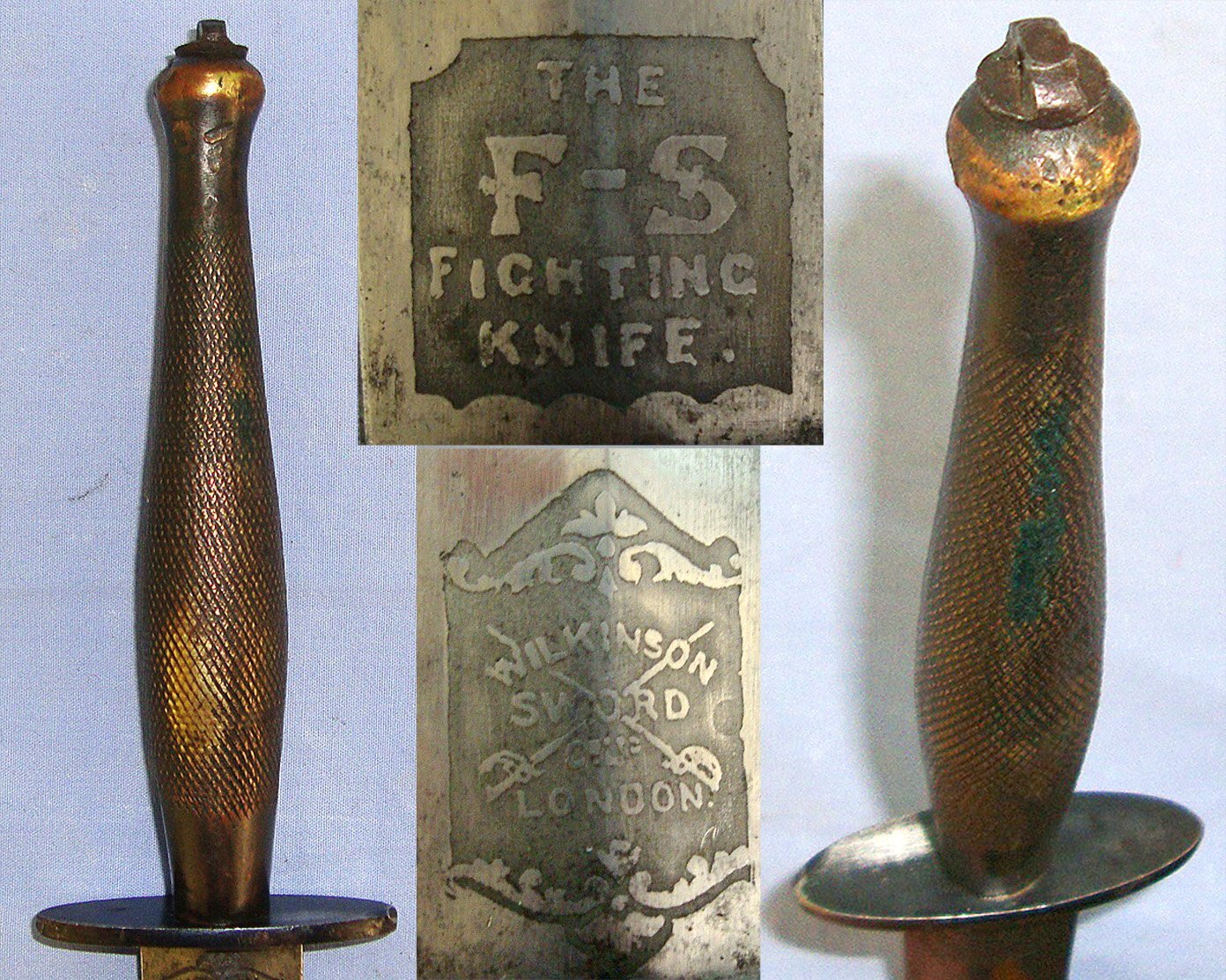 RARE**WW2 British Wilkinson Sword London 2nd Pattern Fairbairn Sykes FS Commando Fighting Knife With Double Etched & Blued Panels Blade & Scabbard. Sn 23484:92 Knive