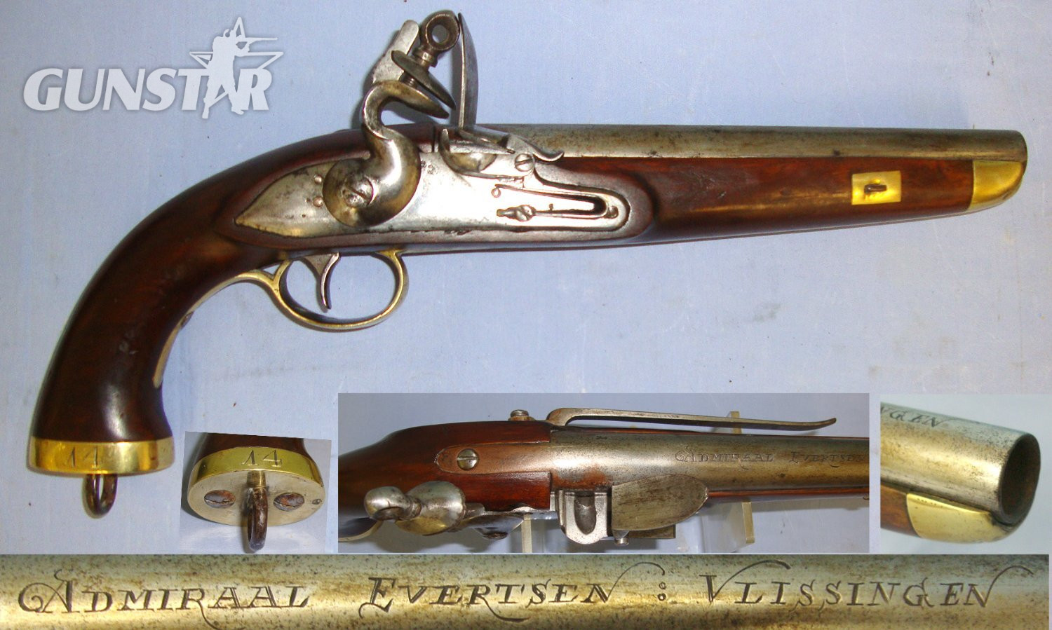 NAPOLEONIC WAR ERA**Famous Zeeland Family Of Dutch Naval Heroes Connections** C1815 Liege Belgium / Dutch Sea Service .650 Calibre Flintlock Belt Pistol With Brass Fittings Engraved  To Dutch War Ship ‘Admiraal Evertsen Vlissingen’. Sn 23048 .65 Cal Muzzleloader Muzzleloader in 