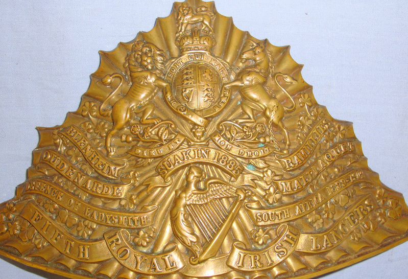 Edwardian / Pre-WW1 5th Royal Irish Lancers Trooper’s Lance Cap / Chapka King’s Crown Brass Plate.  Other Accessory