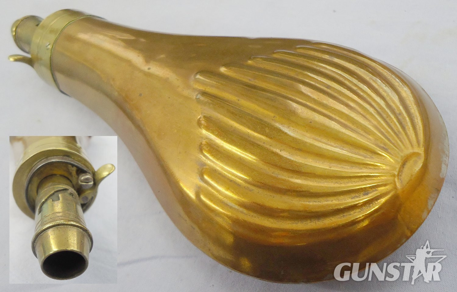 c1800’s Gun Size Embossed Fluted Design Copper Black Powder Flask with Graduated, Sprung Brass Nozzle Charger. 22441:34. c1800’s Gun Size Embossed Fluted Design Copper Black Powder Flask with Graduated, Sprung Brass Nozzle Charger. 22441:34. Other Accessory