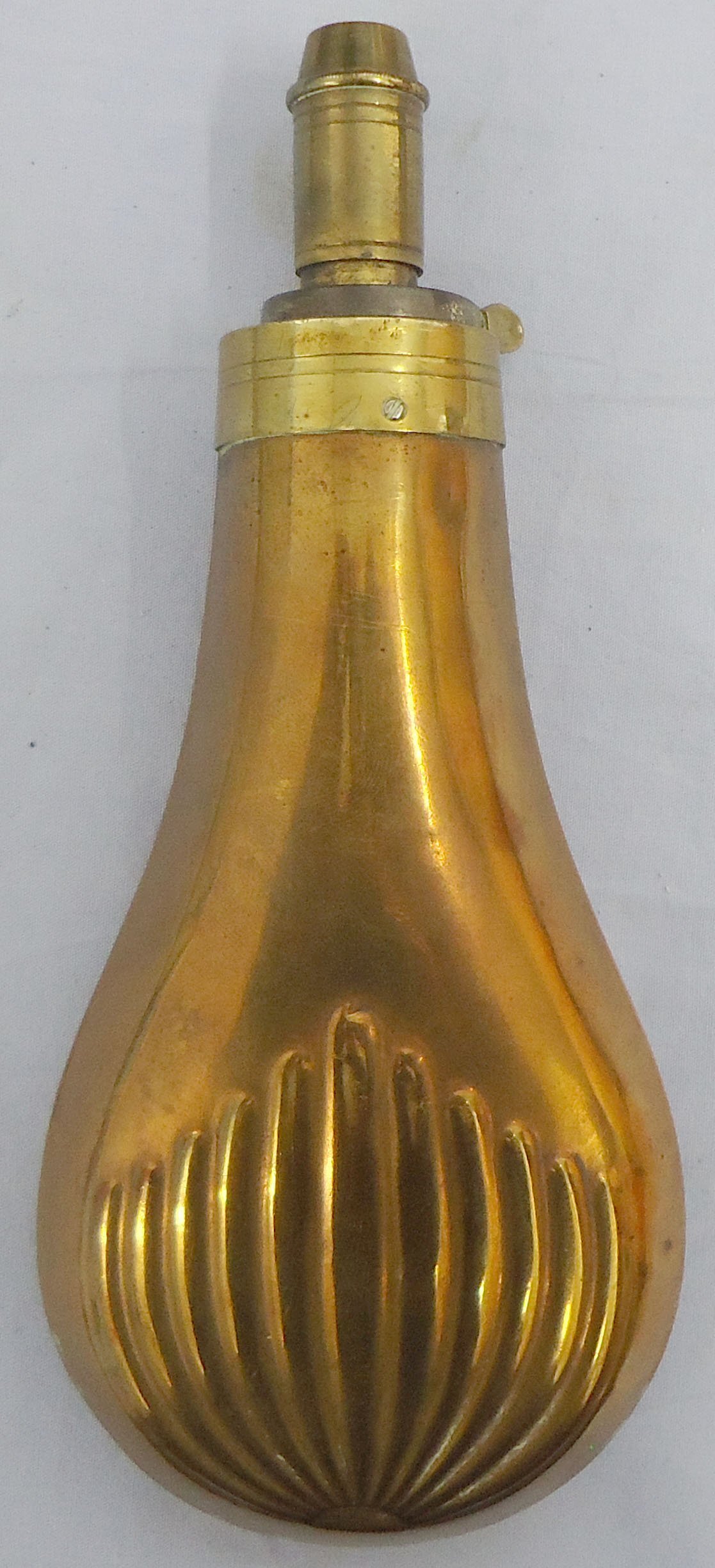  c1800’s Gun Size Embossed Fluted Design Copper Black Powder Flask with Graduated, Sprung Brass Nozzle Charger. 22441:34. c1800’s Gun Size Embossed Fluted Design Copper Black Powder Flask with Graduated, Sprung Brass Nozzle Charger. 22441:34. Other Accessory